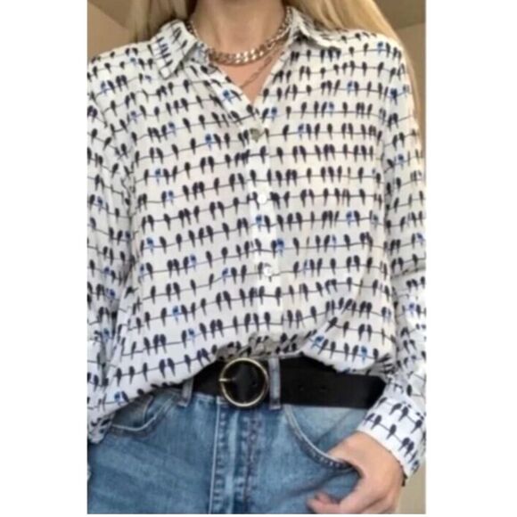 Jane and Delancey White Black Blue Rayon Bird Print Tab LS Button Front Shirt S - Picture 1 of 14